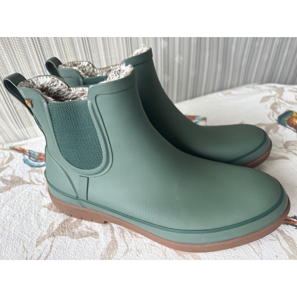 Bogs Amanda II Chelsea Rain Boots Green Faux Fur Lined Waterproof 72703-309 9